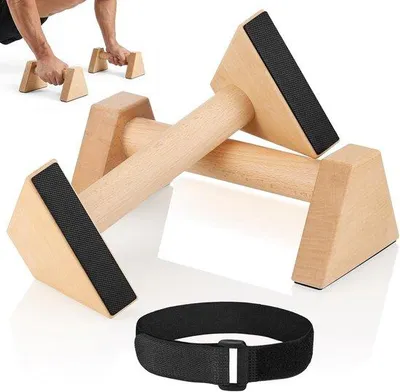 Productafbeelding van Houten push-upgrepen met antislip handgrepen, ergonomische parallettes voor thuis en buiten, stabiel en duurzaam calisthenics uitrusting