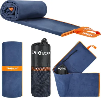 Obrázok produktu pre Rýchloschnúci uterák z mikrovlákna 130 x 75 cm, malý - tmavomodrý + oranžový