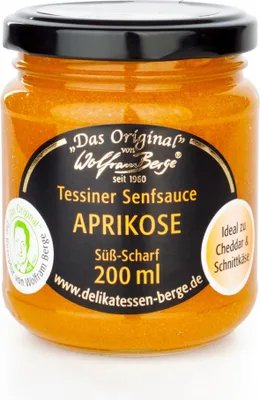 Produktbild von Tessiner Aprikosen‑Senfsauce – fruchtig‑scharfe Gourmet‑Delikatesse aus dem Tessin (200 ml)