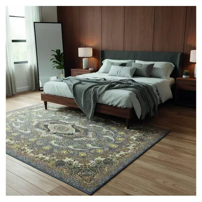 Produktbild von Klassischer Teppich mit orientalischen Motiven in Grau und Gold, Chenille & Baumwolle, Digitaldruck, rutschfest, 9 mm 80 x 50 cm