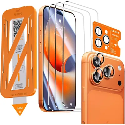 Zdjęcie produktu dla Szklana folia ochronna na ekran do iPhone 17 Pro Max o przekątnej 6,9 cala, 3 sztuki, twardość 9H+, odporna na zarysowania, zapobiegająca powstawaniu odcisków palców, kompatybilna z etui, przezroczysta