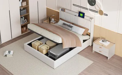 Zdjęcie produktu dla Tapicerowane łóżko podwójne 160 x 200 cm z portami USB i USB-C, szufladami i zagłówkiem, pościel, beżowy