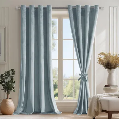 Zdjęcie produktu dla Niebieskie, aksamitne zasłony zaciemniające z przelotkami, 245 x 140 cm, zestaw 2 sztuk