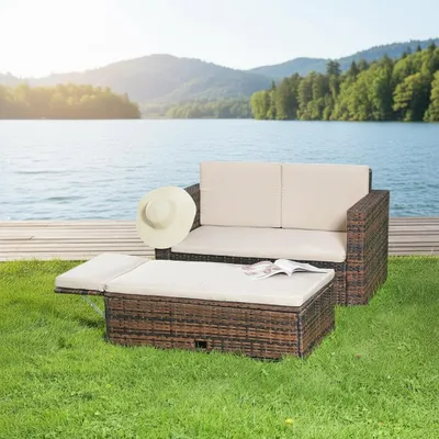 Produktbild von Melko Gartenmöbel Polyrattan Lounge Tisch Fußbank klappbar Sitzgruppe - Braun