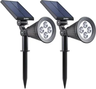 Immagine prodotto di Faretto solare da esterno LUMISKY, 4 LED bianchi, 200 Lm, testa orientabile a 90°, impermeabile, confezione da 2