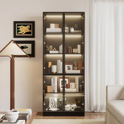 Immagine prodotto di Vetrina con illuminazione a LED, 2 ante in vetro, design a ribalta, 5 ripiani interni, colore nero, dimensioni 80x36x200 cm
