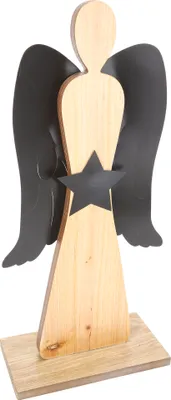 Produktbild von Gilde Engel "Angela" mit Stern Holzdesign, mit dunkelbraunen Metall-Flügeln und Stern L=13,0 cm B= 33,5 cm H= 74,0 cm 23506