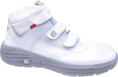 A white and gray high-top safety boot with Velcro straps.