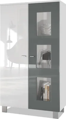 Produktbild von Vladon Vitrine Denjo,  Germany, Standvitrine mit 2 Türen und 3 Glaseinsätzen, Weiß matt/ Weiß Hochglanz / Grau Hochglanz (71 x 129 x 35 cm)