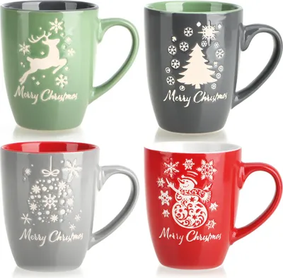 Produktbild von com-four® 4x Kaffeebecher aus Keramik - Kaffee-Tasse in modernem weihnachtlichem Design - Kaffeepott für Kalt- und Heißgetränke - bunte Henkeltassen 250 ml