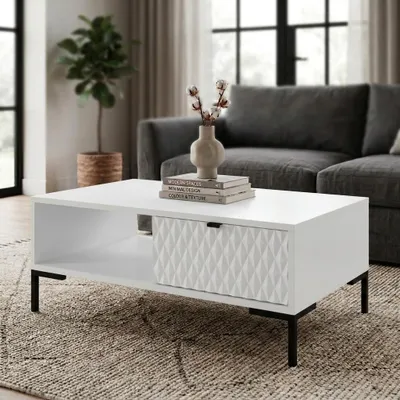 Produktbild von BEAUTYSOFA | Couchtisch MONTREAL Weiß – Couchtisch 1 Schublade, 1 offenes Fach, Rautenfräsung, selbstschließende Türen, schwarze Metallbeine