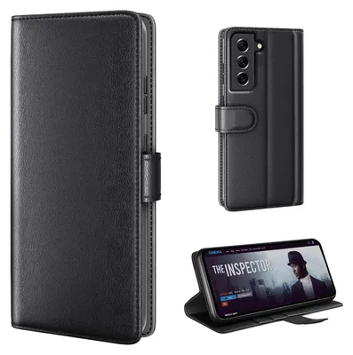 A collage of images showing a black leather flip phone case for a Samsung Galaxy S22, including a close-up of the case, the case with the phone inside, and the phone in the case standing up.