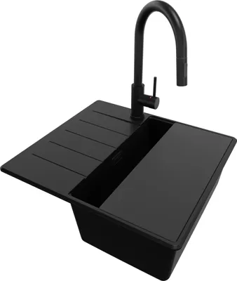 Produktbild von PRIMAGRAN Granitspüle Alles Schwarz 55x50cm, Spülbecken 1 Becken + Ablauf-Set + Küchenzubehörset, Küchenspüle ab 40er Unterschrank - Kopenhagen