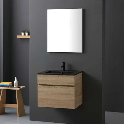 Immagine prodotto di Mobile sospeso quercia naturale per bagno 60cm lavabo nero opaco | Sole