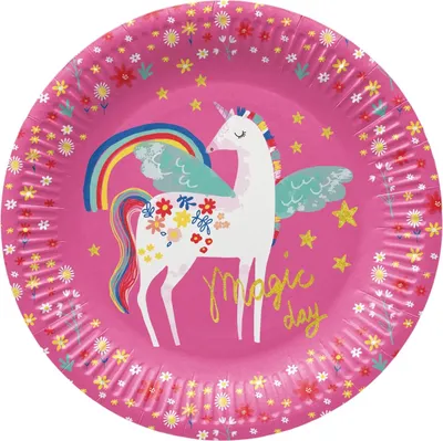 Produktbild von Runder Pappteller „Einhorn“, Durchmesser 23 cm, 8 Stück.