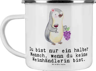 Produktbild von Mr. & Mrs. Panda Haferl Weinhändlerin Herz - Weiß - Geschenk, becher emaille, Teetasse, emaillebecher, Tasse