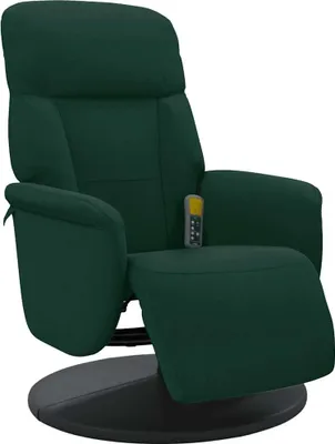 A dark green velvet massage chair with a footrest, shown from a three-quarter angle on a white background.