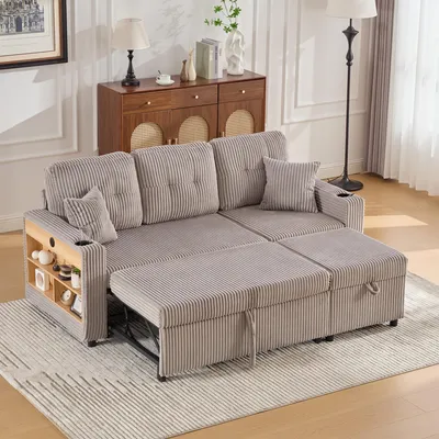 Zdjęcie produktu dla Wielofunkcyjna rozkładana sofa Sweiko z miejscem do przechowywania i wysuwanym łóżkiem. Zawiera USB-C, oświetlenie, uchwyty na kubki i szerokie podłokietniki. Tworzy przytulne przestrzenie w salonach i pokojach gościnnych.