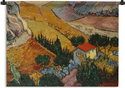Produktbild von MuchoWow® Wandteppich Wandbehang Landschaft mit einem Haus und einem Ackerbauern - Vincent van Gogh 150x112.50 cm Tapisserie Dekoration Wandtuch - Wanddecke - Wandteppiche