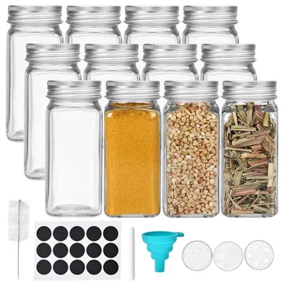 Immagine prodotto di Set di 12 contenitori quadrati per spezie, capacità 120 ml ciascuno, con dosatore, etichette, imbuto e spazzola per la pulizia