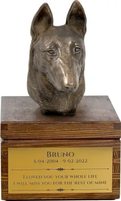Produktbild von Malinois Belgischer Schäferhund - Eine Ascheurne für Hunde mit einer Statuette, eine kleine Urne für Hunde, eine personalisierte Urne mit dem Porträt eines Hundes von der Marke Art-Dog.