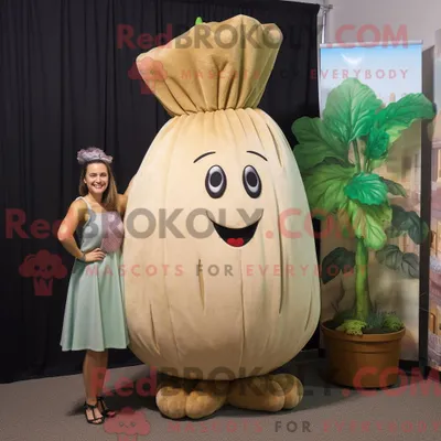 Image de Personnage de costume de mascotte REDBROKOLY de navet beige habillé d une robe droite et de boucles d oreilles