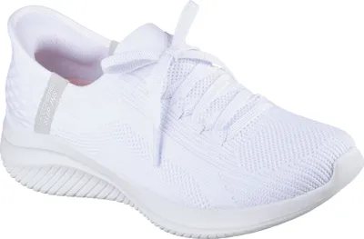 A white Skechers sneaker is shown from the side against a white background.