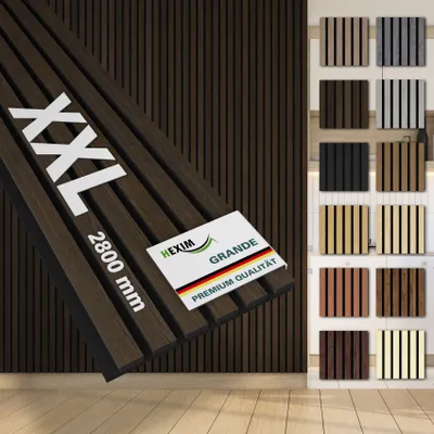 Produktbild von HEXIM Akustikpaneele 4 Stück 280x30cm Holz Grande - XXL Wandpaneele Platten Lamellen Holzpaneele Echtholzfurnier 21mm Filz Schalldämmung MDF Braun (3,37m² Dark Smoked Oak)