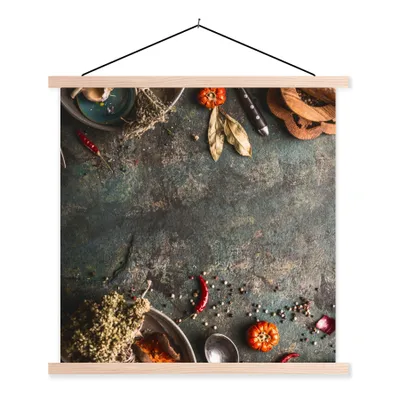 Produktbild von MuchoWow® Textilposter Marmor - Gemüse - Herbst - Kürbis - Rustikal - Kräuter 40x40 cm mit holzfarbenen Rahmen - Posterleiste