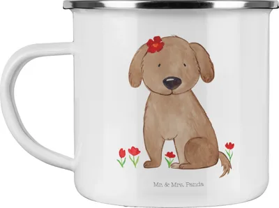 Produktbild von Mr. & Mrs. Panda Teetasse Hund Dame - Weiß - Geschenk, Pott, Hundeliebe, Liebenswert, Emaille Becher, Teebecher, Niedlich, Liebe, Tasse, Hunde, Kaffeepott, Sprüche