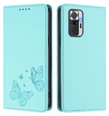 Obrázek produktu pro Kožené pouzdro pro Xiaomi Redmi Note 10 Pro/Note 10 Pro Max, motýlí ražbou, peněženkové flip pouzdro se stojánkem Mátově zelená