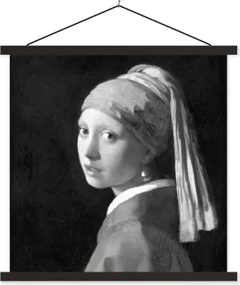 Produktbild von MuchoWow® Textilposter Das Mädchen mit dem Perlenohrring - Gemälde von Johannes Vermeer - schwarz und weiß 60x60 cm mit schwarzem Rahmen - Posteraufhänger
