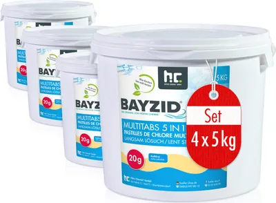 Four white buckets of pool cleaning tablets are arranged diagonally, with the front bucket being the largest and most detailed.