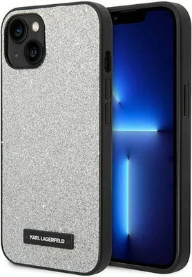 A silver glitter iPhone case with a black frame and a black Karl Lagerfeld logo plaque is shown next to an iPhone displaying a blue screen.