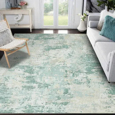 Image de Tapis de salon lavable, 120x170 cm, design moderne, motif abstrait, couleur verte