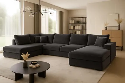 Produktbild von Ecksofa FABIO 328x182 cm mit Schlaffunktion, Bonellfederkern und Bettkasten, Farbe Schwarz