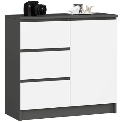 A modern gray and white dresser with three drawers and a cabinet door, shown against a white background.