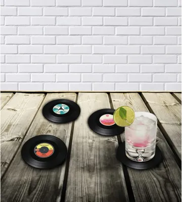 Immagine prodotto di Sottobicchieri di design in dischi di vinile - riutilizzabili - set da 4 - superficie in legno