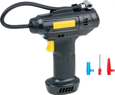 Produktbild von Dunlop Digitaler Kompressor 12V – Elektrische Luftpumpe mit Zigarettenanzünderstecker – Reifendruckprüfer für Auto- und Fahrradreifen – Luftkompressor mit LCD-Display, 3 Aufsätzen und LED-Licht – Schwarz/Gelb