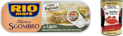 Produktbild von 12x Rio Mare Filetti di Sgombro alla Ligure Makrelenfilets in Weißwein mariniert mit aromatischen Kräutern 120g reich an Omega 3 + Italian Gourmet polpa 400g