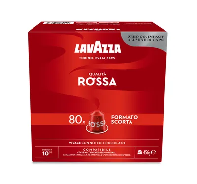 A product shot of a box of Lavazza Qualita Rossa coffee capsules.
