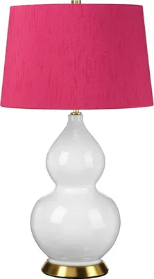 Produktbild von Tischleuchte Stoff Keramik E27 64 cm hoch in Weiß Pink Messing Antik rund Retro Design
