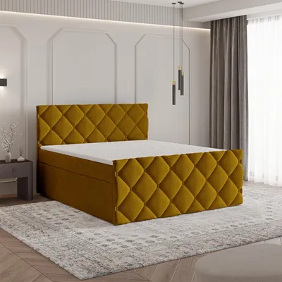 A bedroom setting with a bed.