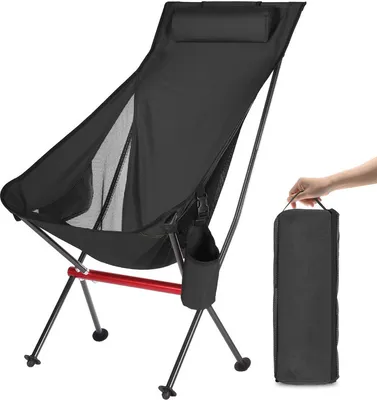 Image de (Noir) Chaise de camping d'extérieur à haut dossier Chaise complète en alliage d'aluminium Chaise pliante portable avec sac de transport et poches latérales pour la pêche en plein air Randonnée Pique-nique