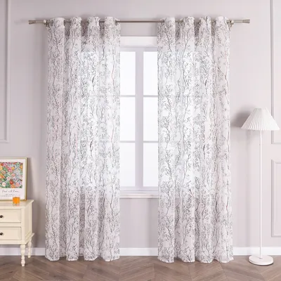 Produktbild von Joyswahl Vorhang mit Ösen Voile Gardinen mit glänzendem Zweigdruck Transparent Ösenschal Schlafzimmer Wohnzimmer HxB 225x140 cm Braun 1 Stück