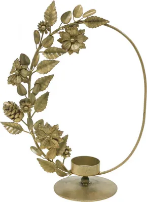 Produktbild von Eleganter Teelichthalter Gold mit Deko Loop, Blumen & Zapfen Design, H29,5cm