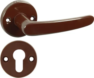 A brown door handle set, including the handle and a keyhole escutcheon plate, is shown against a white background.