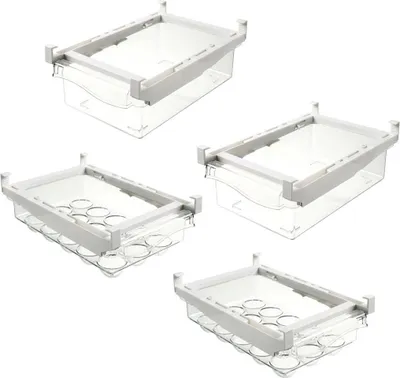 Produktbild von 4er Set Kühlschrank Behälter Kunststoff | 2 x Universal Zusatz Schublade und 2 x Eierbehälter für 15 Eier | Gemüseschale, Organizer | Obst Aufbewahrungsbox , Gemüsefach Auszugsschale Gemüsebehälter