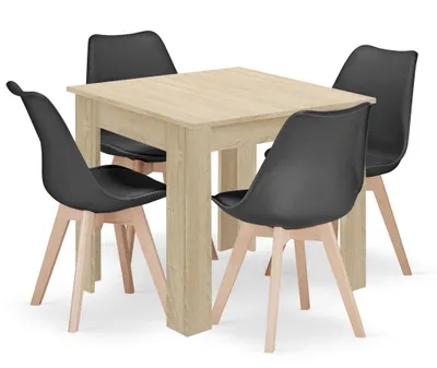 Produktbild von Set aus quadratischem Tisch 80x80 Sonoma-Eiche + 4 schwarzen MARK-Stühlen