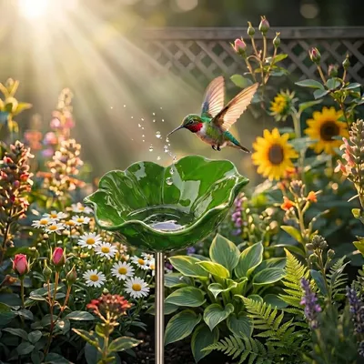 Produktbild von Vogeltränke Garten Metall, Bienen Tränke mit Erdspieß, rostfrei & frostbeständig, dekorative Gartenskulptur für Vögel, Bienen & Schmetterlinge, grün